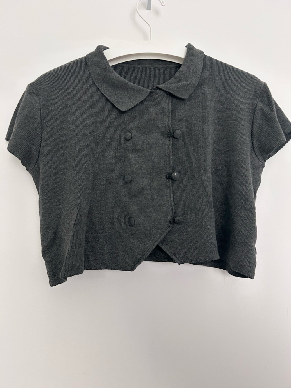 double breasted Cropped Button-Front Knit Top in Charcoal Black